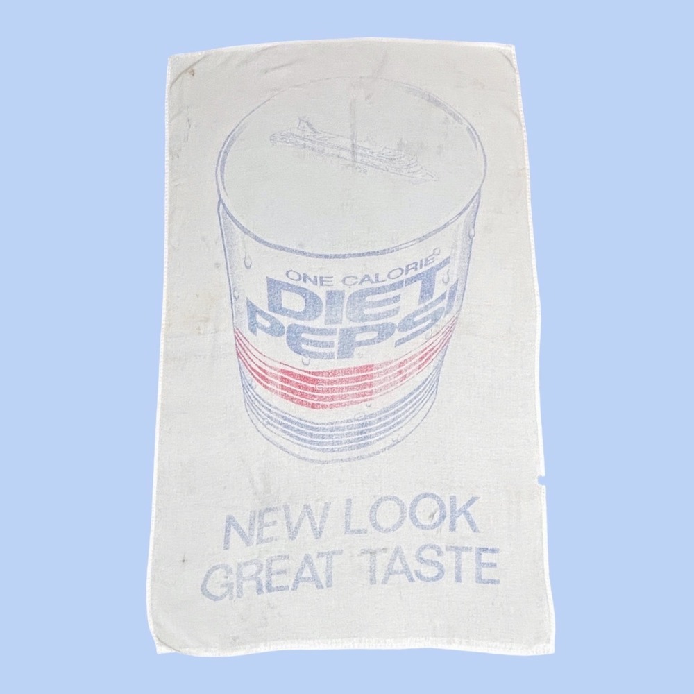 Vintage 80s Diet Pepsi Beach‎ Towel One Calorie Distressed Retro White 33x56